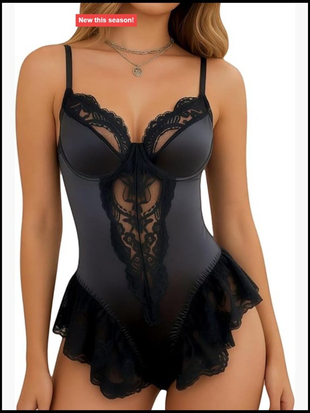 Lace Floral Bodysuit Ruffle Hem Underwire Lingerie Teddy